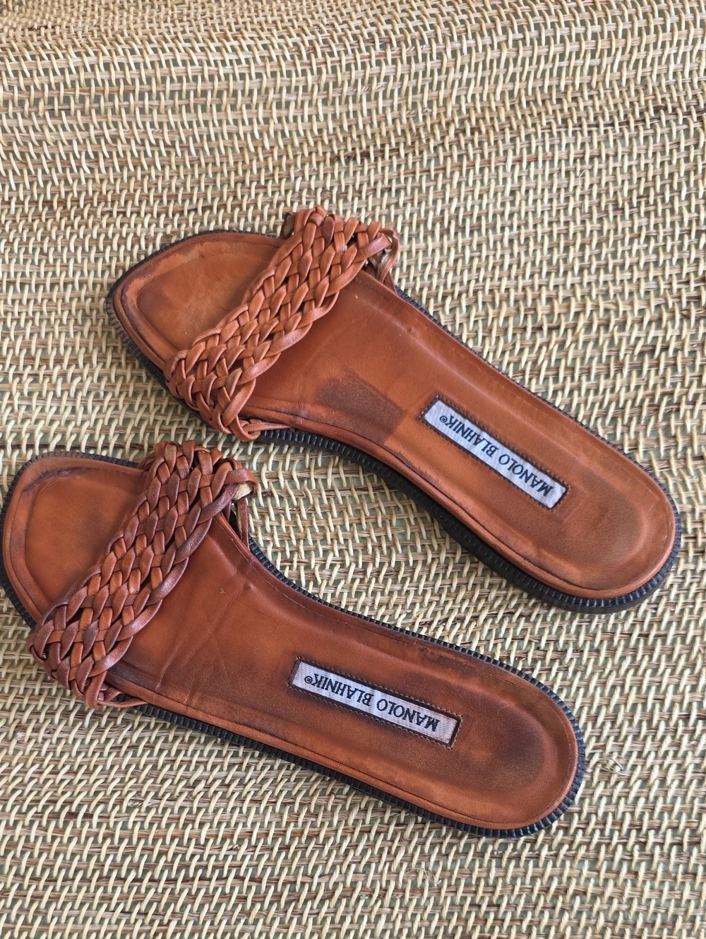 Manolo Blahnik Brown Braided Leather Slide Size 38